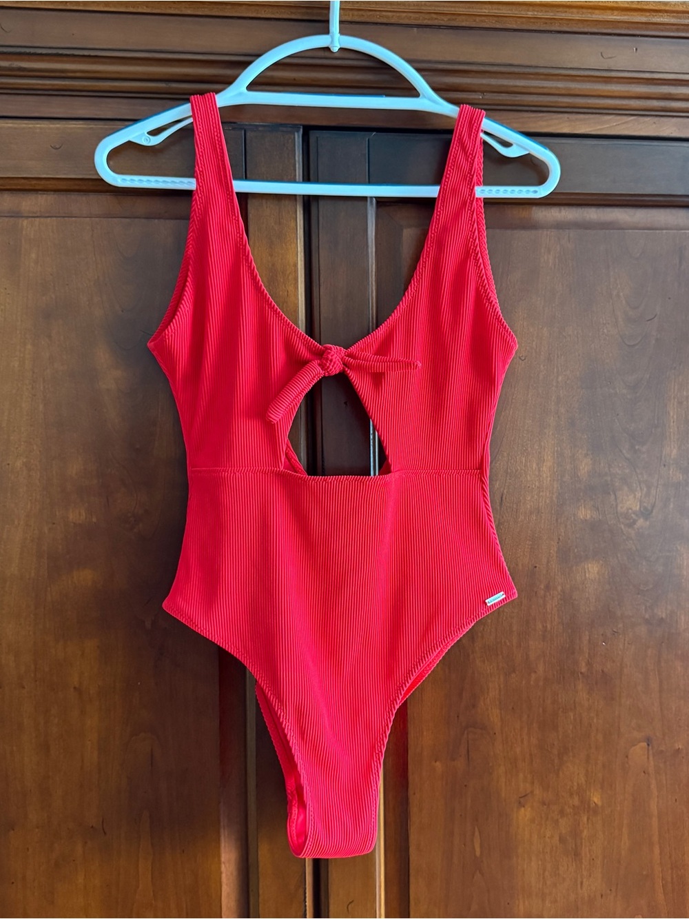 White Fox Boutique Red Ribbed Tie-Front Cutout One-Piece Swimsuit